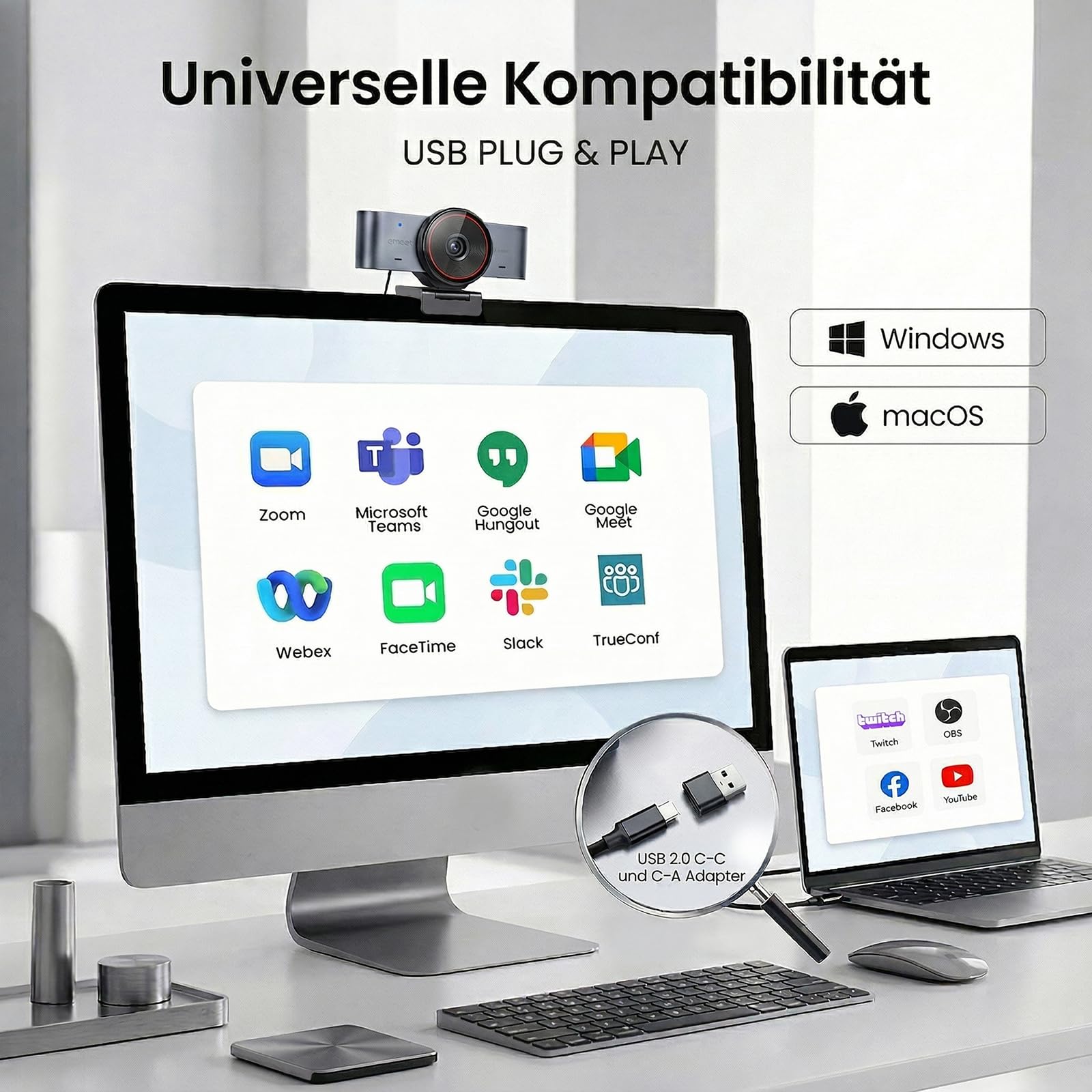 EMEET C960 Ultra Webcam 4k for MAC, USB Web Kamera für Streaming & Teams | 4K UHD 1/1.5" Sensor｜PDAF Fokus｜Alu-Gehäuse & USB-C｜Sichtschutz｜Teams & Whiteboard-Modus｜1080P@60FPS Streaming