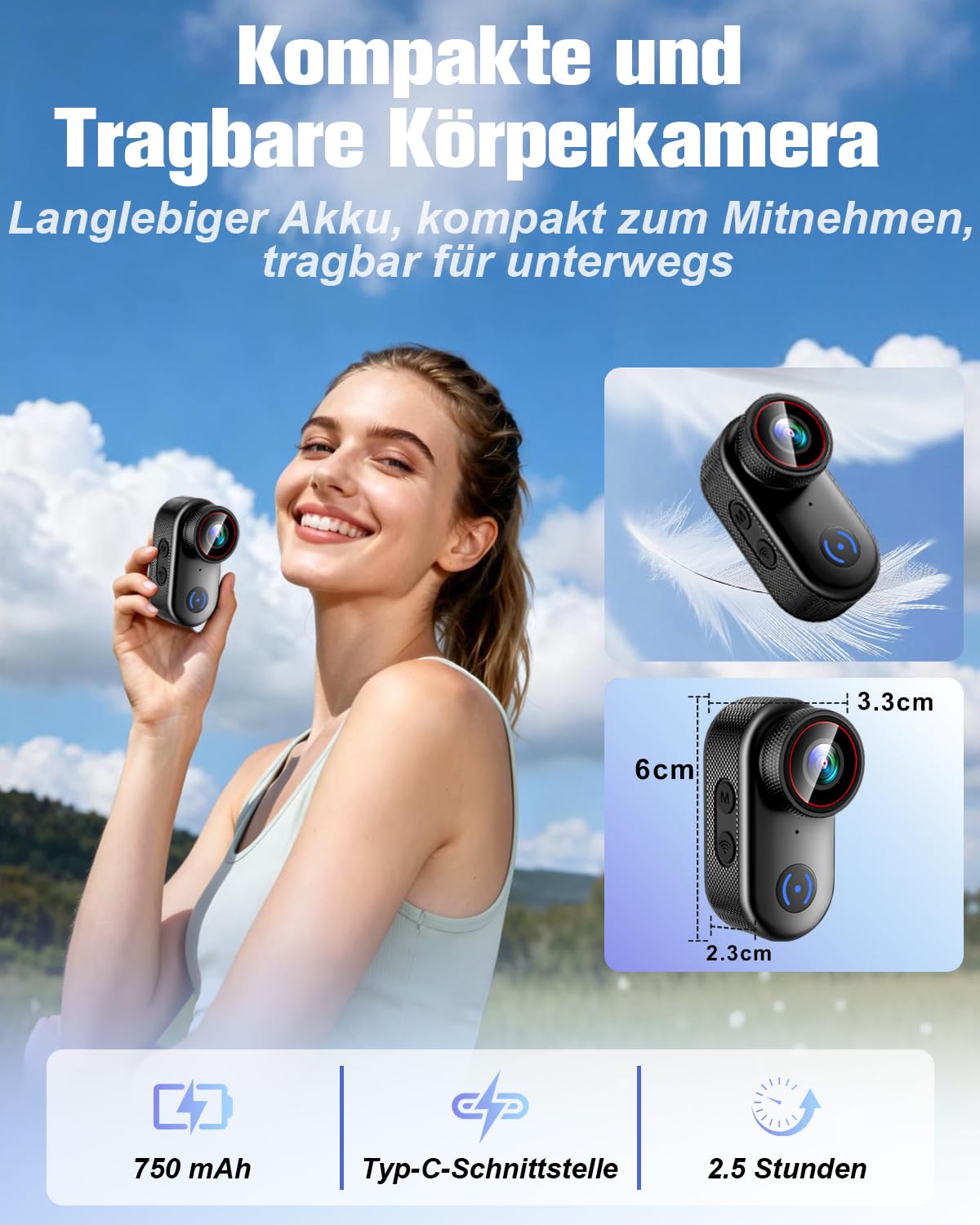 Action Cam 4k, WiFi Bodycam Mini Körperkamera Actionkamera 120° Weitwinkel, Helmkamera Motorrad 150 Min Akkulaufzeit, POV Kamera Sportkamera, Radfahren, Motorradfahren, Reisen, Haustiere und Vlogging