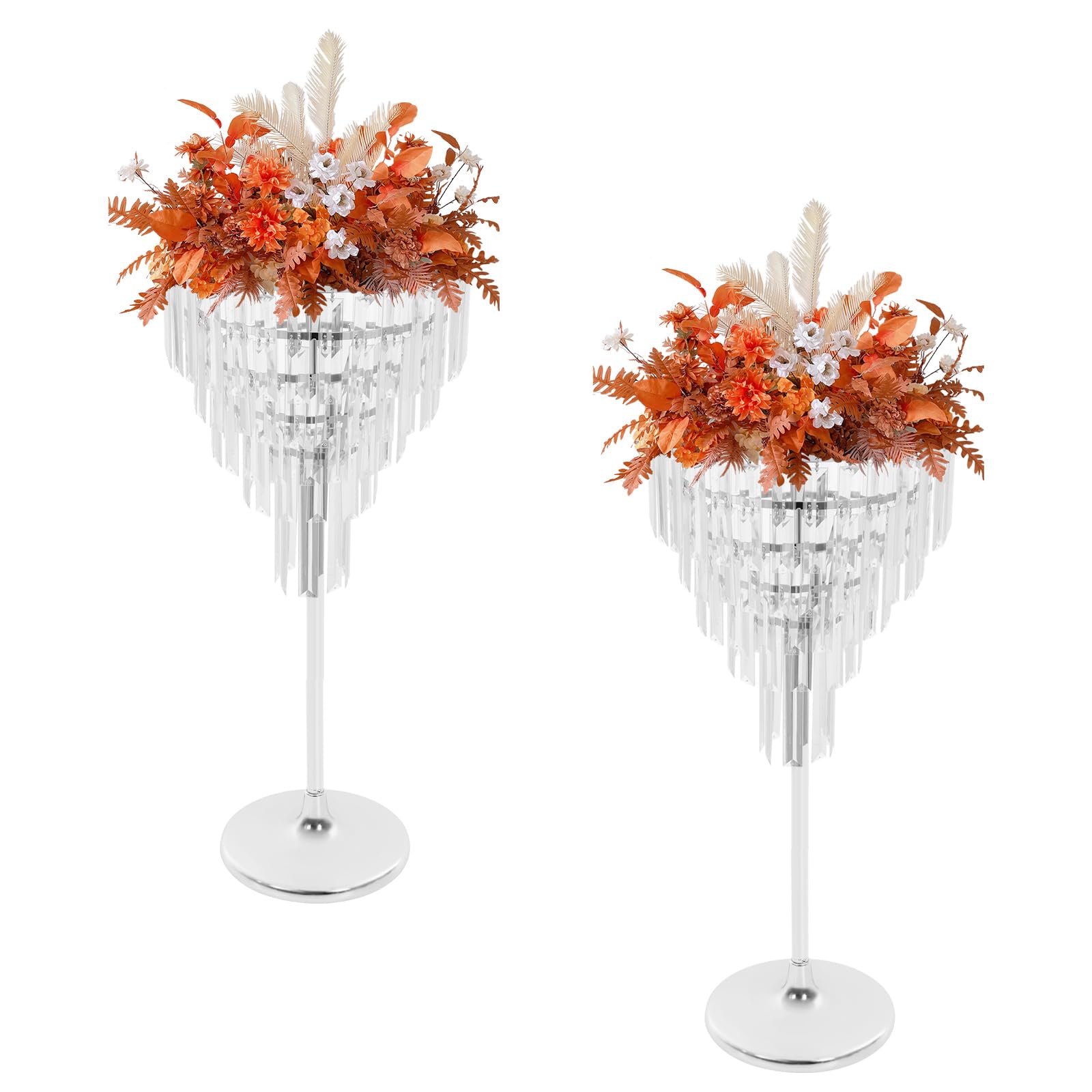 Silver Crystal Vases for Centerpieces, 2Pcs 27.95in Iron Pedestal Stands, 5-Tier Round Flower Stand, for Wedding Reception, Birthday Party Events, Home Decor