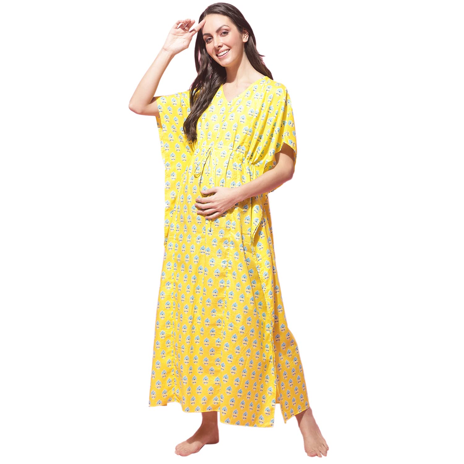 Women's Sanganeri Screen Print Kaftan Night Dress (Yellow)/Feeding/Nursing/Zipper/Drawstring/Screen Print/Full Length