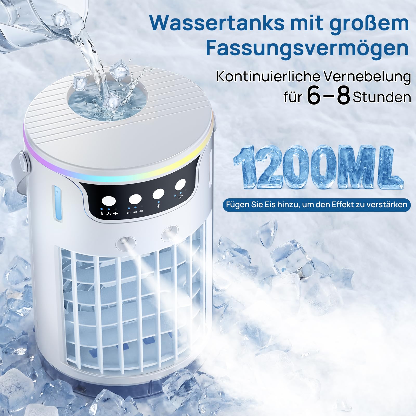 Mobile Klimaanlage, USB 4 In1 Mobile Klimagerät mit 3 Stufe Eis-Kühlnebel, Für Büro Zimmer und Schreibtisch, 1200 ML Tragbare Mini Luftkühler mit 2-8H Timer, 3 Geschwindigkeiten, 7 Farben Nachtlicht