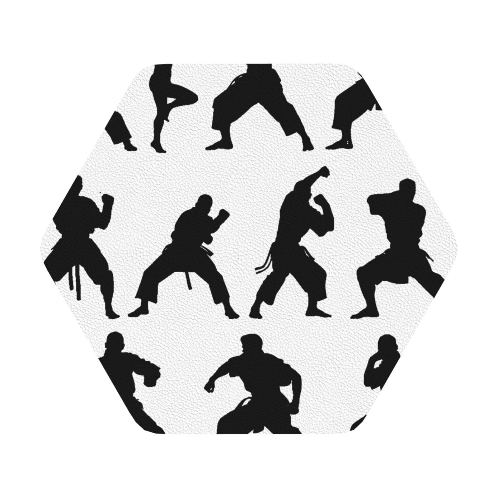 Silhouettes of Martial Arts Print Leather Coaster Set of 6, Hexagon Coasters Table Decorative Coffee Cup Beverage Coasters Wine Beer Bar Coasters for Hot Drinks Table Protection