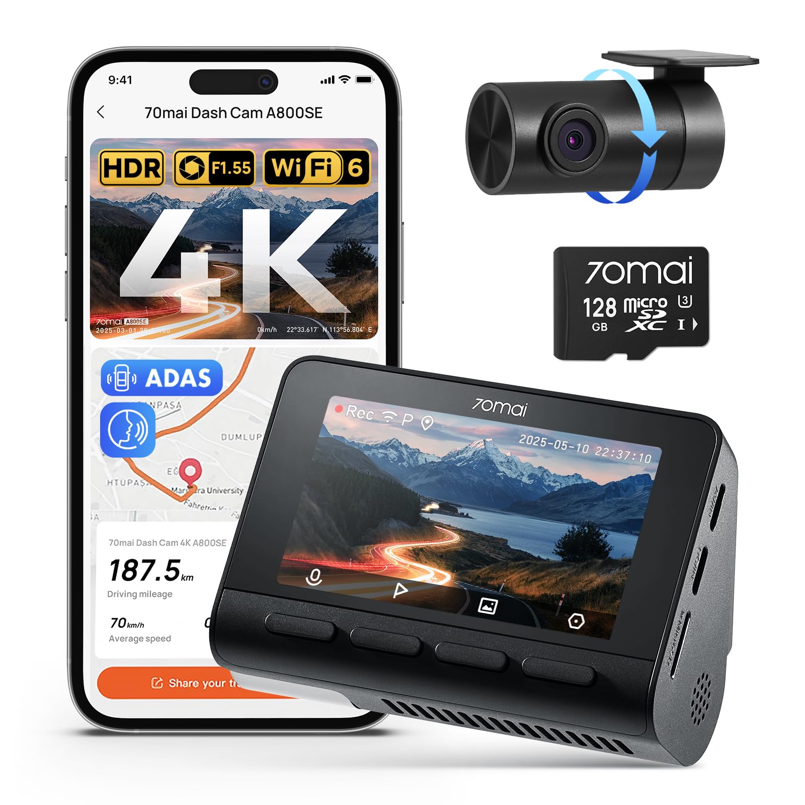 70mai 4K Dash Cam Front and Rear, Built in Wi-Fi 6 & GPS Car Camera, Super Night Vision, ADAS, 3'' IPS Screen, 24H Parking Mode, Time-Lapse, Loop Recording, with 128GB Card (A800SE)