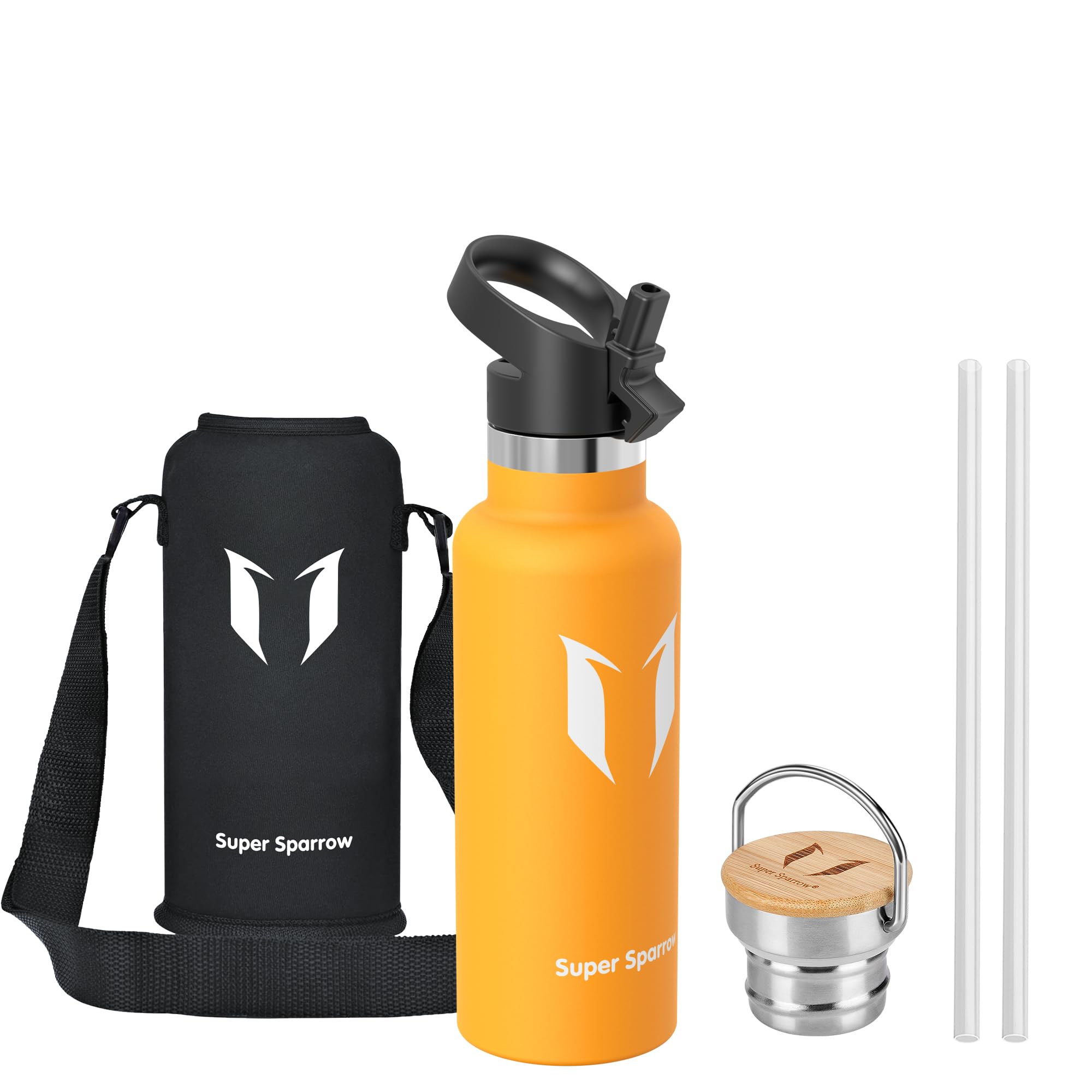Super Sparrow Stainless Steel Water Bottle Kids - 500ml - Insulated Metal Water Bottles - Standard Mouth Flask - BPA Free - Straw Bottle for Work, Gym, Sports - 2 Lids
