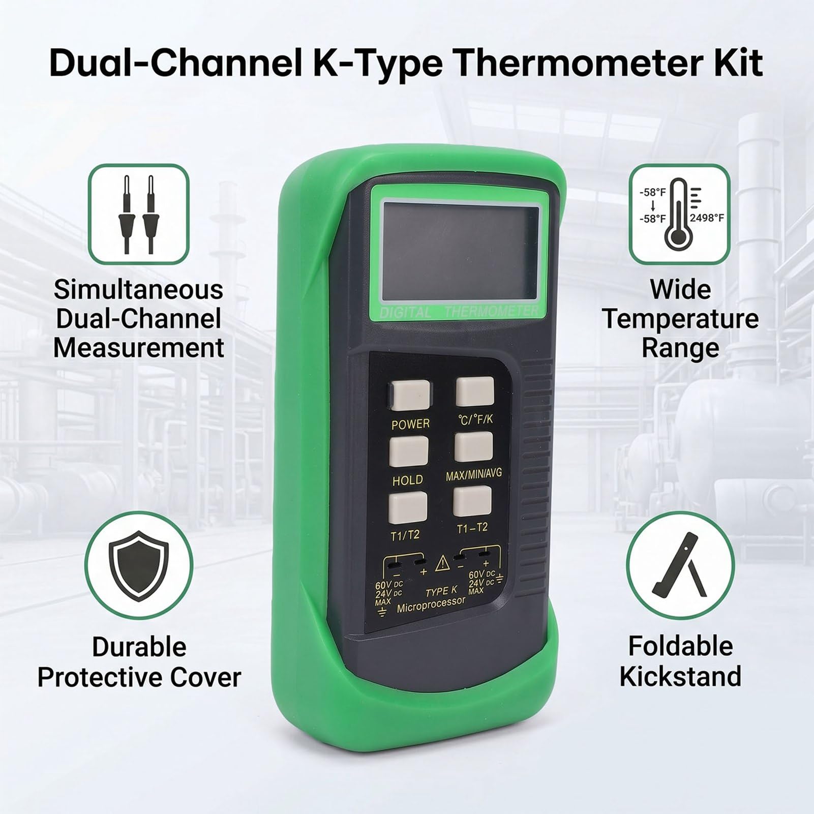 Naroote Termometro per Termocoppia Tipo K Tester per Termocoppia Tipo K a Doppio Canale con 2 Sonde 2 Mantenimento Dati Massimo Minimo Medio per Alimenti Industriali HVAC