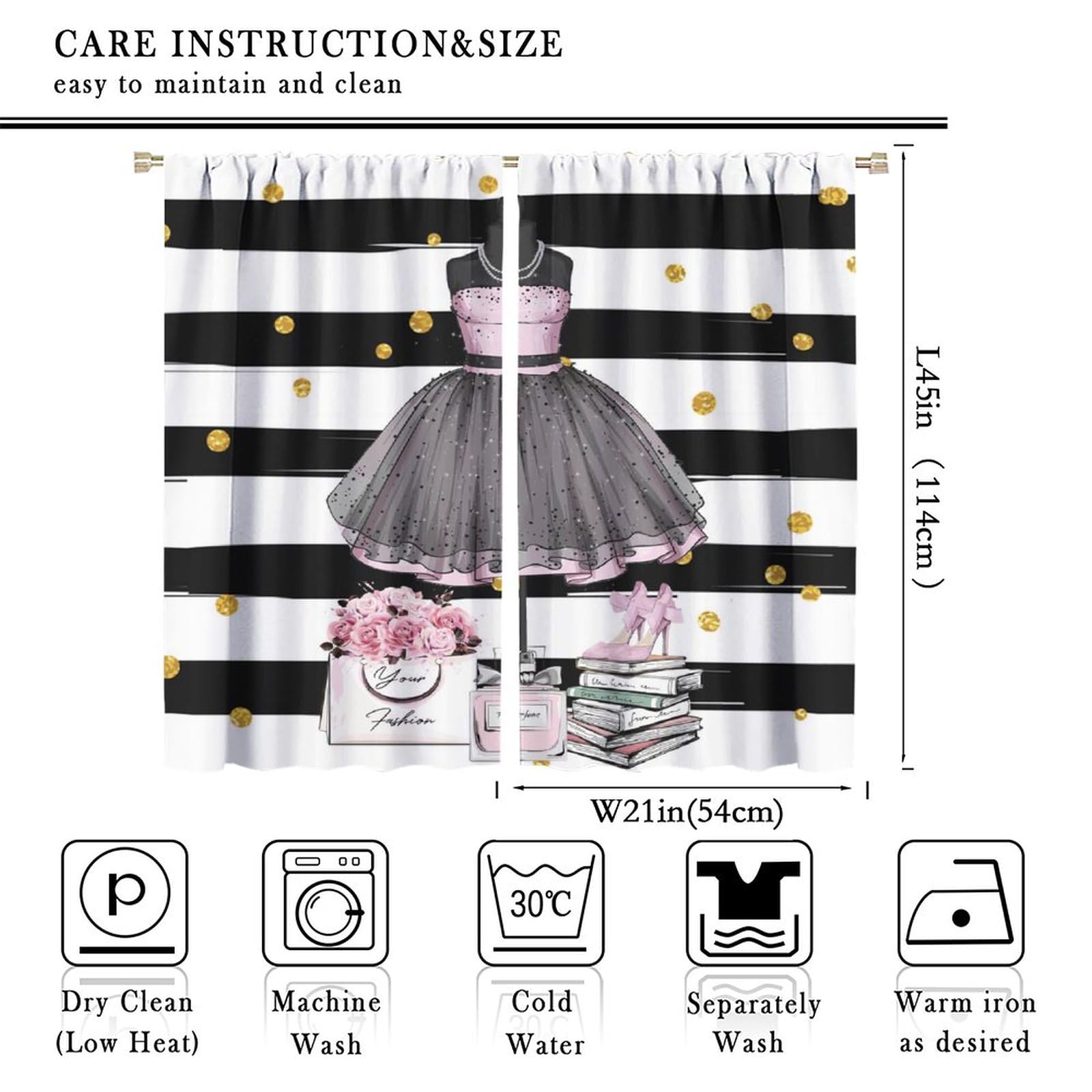Girly Dresses Curtains,Pink Floral Fashion Black and White Stripe Perfume High Heels Rod Pocket Window Drapes for Living Room Women Girls Bedroom Bathroom Home Decor 42x45in