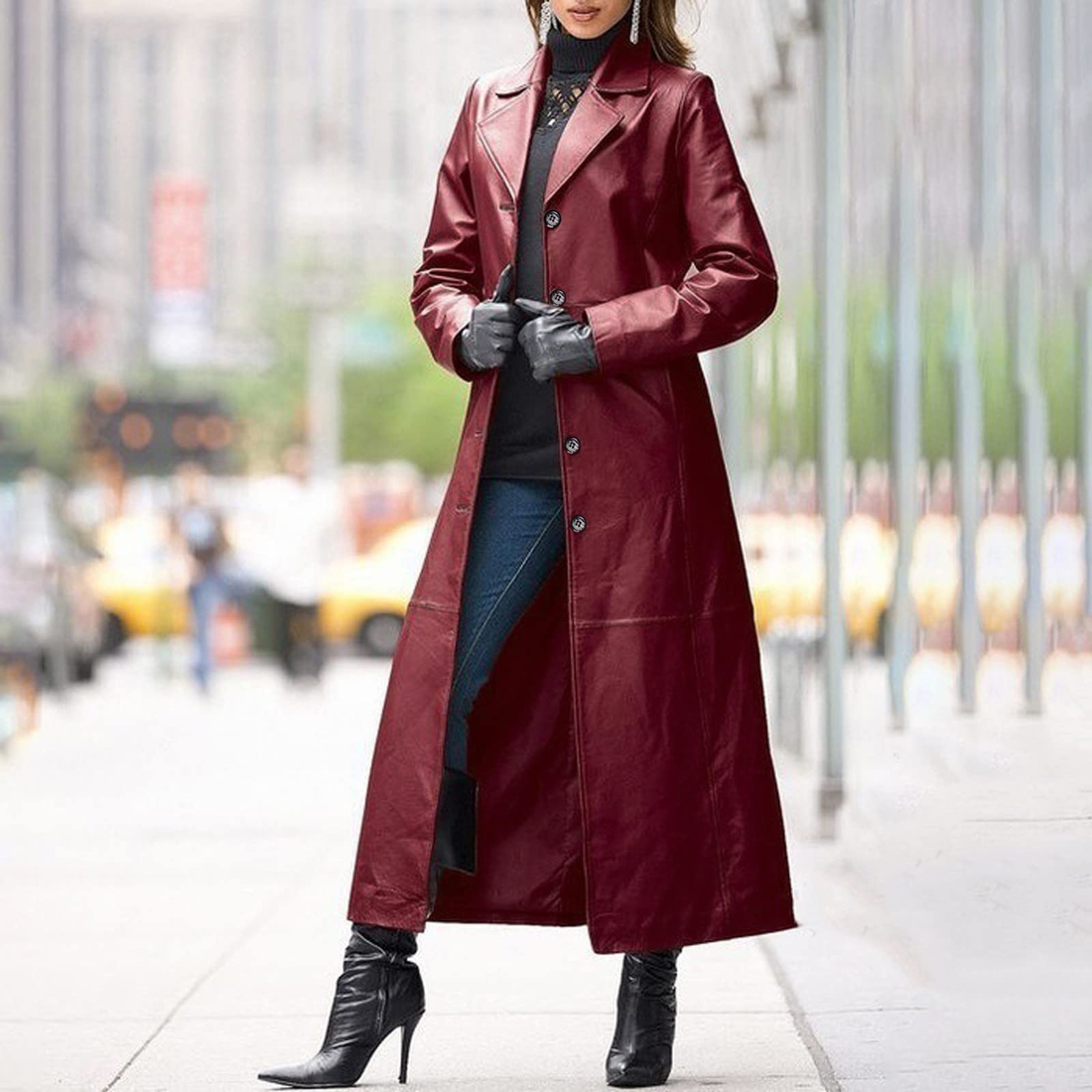 Cappotto lungo in PU per le donne giacche a vento da donna in finta pelle trench coat wmens lunghezza alla caviglia moda cappotto con bottoni a tinta unita cappotto a tunica risvolto sottile