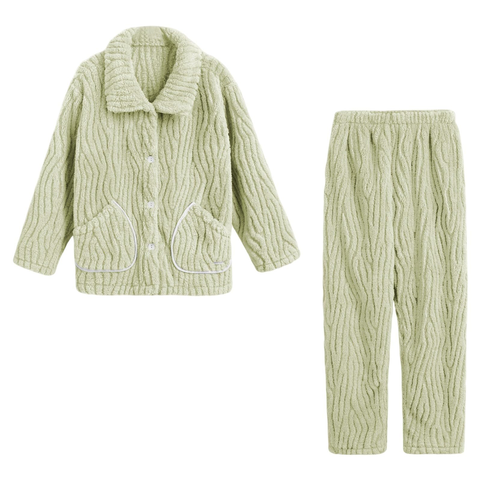 Genérico Pijama Mujer Invierno Pijama Mujer Franela Suave con Cárdigan Cuello En V Y Pantalón Doble Felpa Conjunto Cálido para Estar En Casa