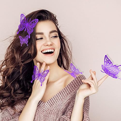 Miniatura 3 de Calcomanías de mariposa moradas 48 unidades 4 estilos 3 tamaños decoraciones de mariposa de mariposa decoraciones de pastel de fiesta de mariposa