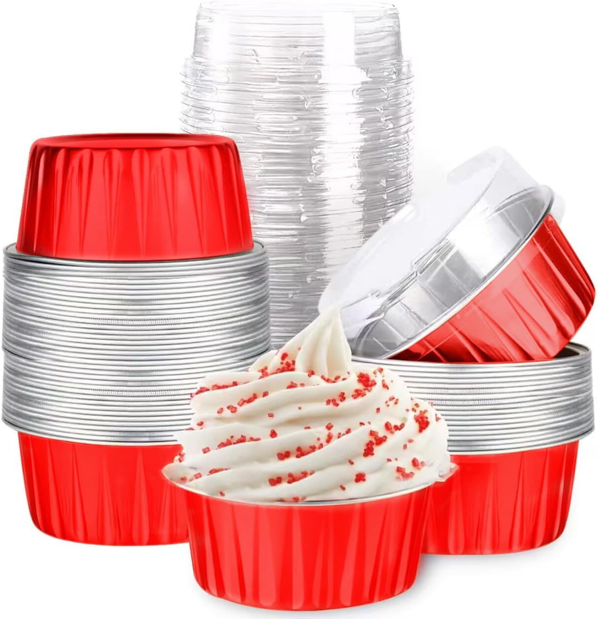 Mini Aluminum Foil Cupcake Baking Cups with Lids (40pcs, 5oz) Round Cupcake Foil Liners Tart Pie Tin Pan Holder - Disposable Mini Cake Containers Flan Molds for Pudding, Souffle, Party, Wedding