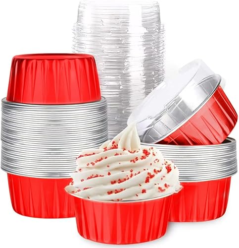 Mini tazas de papel de aluminio para hornear cupcakes con tapas (40 unidades, 5 onzas), forros redondos de papel de aluminio para cupcakes, soporte