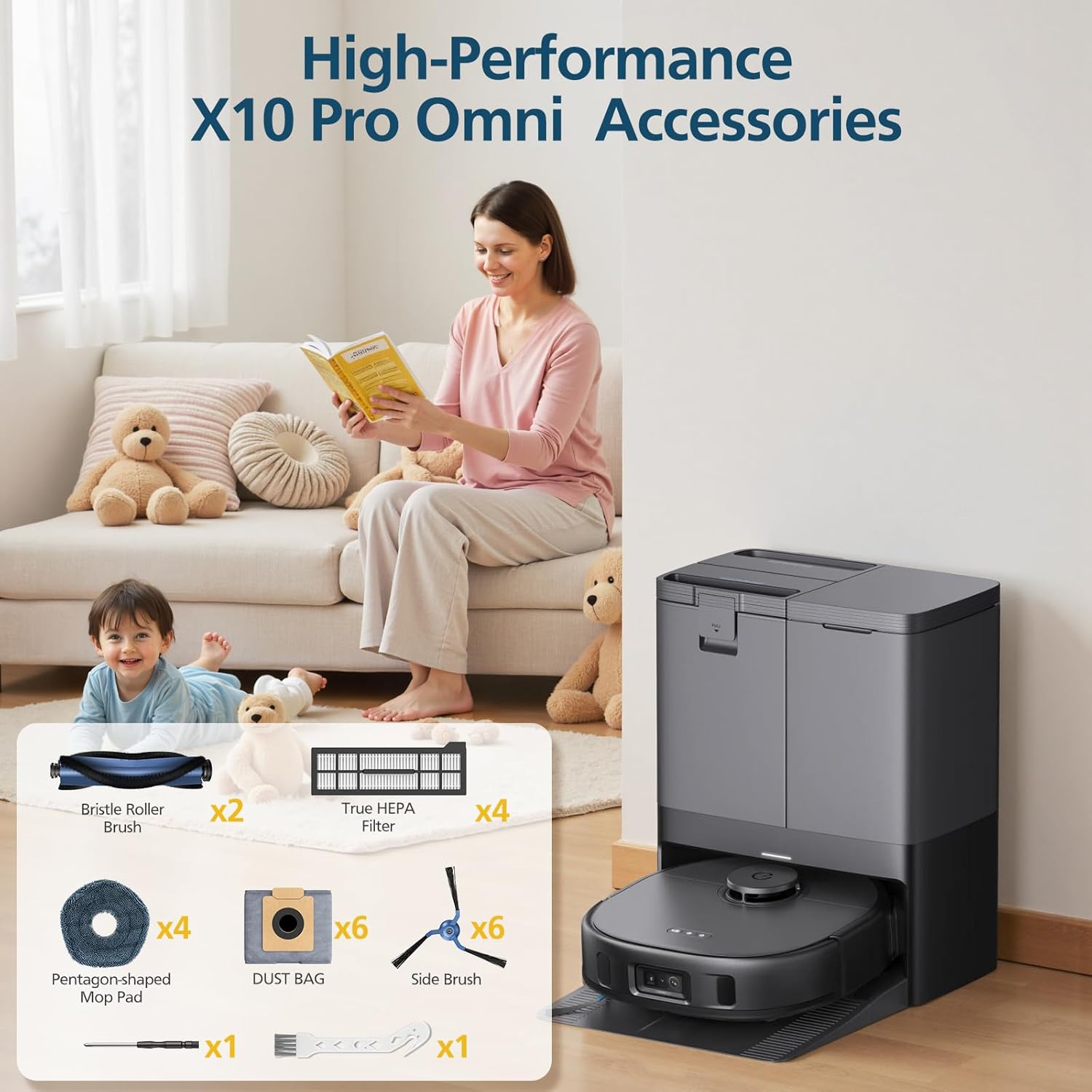 24 Pcs X10 Pro Omni Accessories for eufy X10 Pro Omni Robot Vacuum Accessories Kit, 2 Main Brush+ 4 Hepa Filters+ 4 Mop Pads+ 6 Vacuum Bags+ 6 Side Brushs+ 1 Cleaning Brush+ 1 Screwdriver