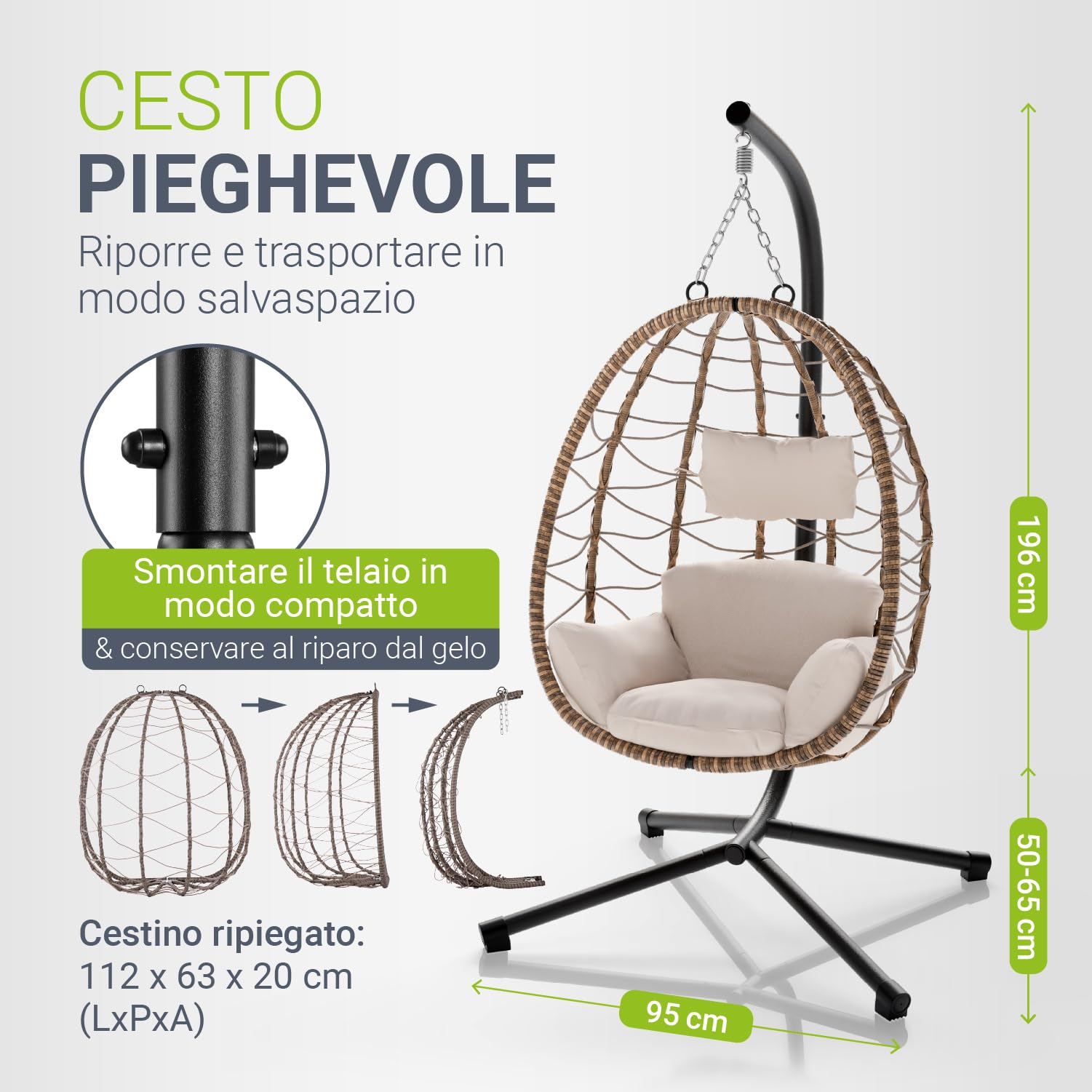 Juskys Sedia sospesa Lani con cuscini - regolabile in altezza e pieghevole - polyrattan dondolo sospeso per esterni e interni - Poltrona a uovo sospesa Beige fino a 130 kg