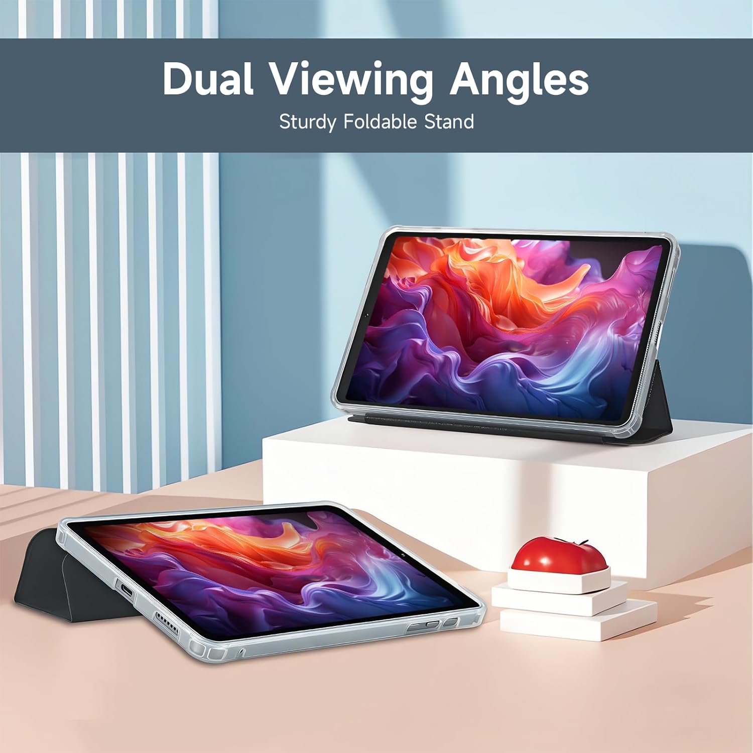 Two BNCF Bpad Mini tablets in cases, one upright in viewing mode and another in typing mode, demonstrating dual viewныя вуглы.