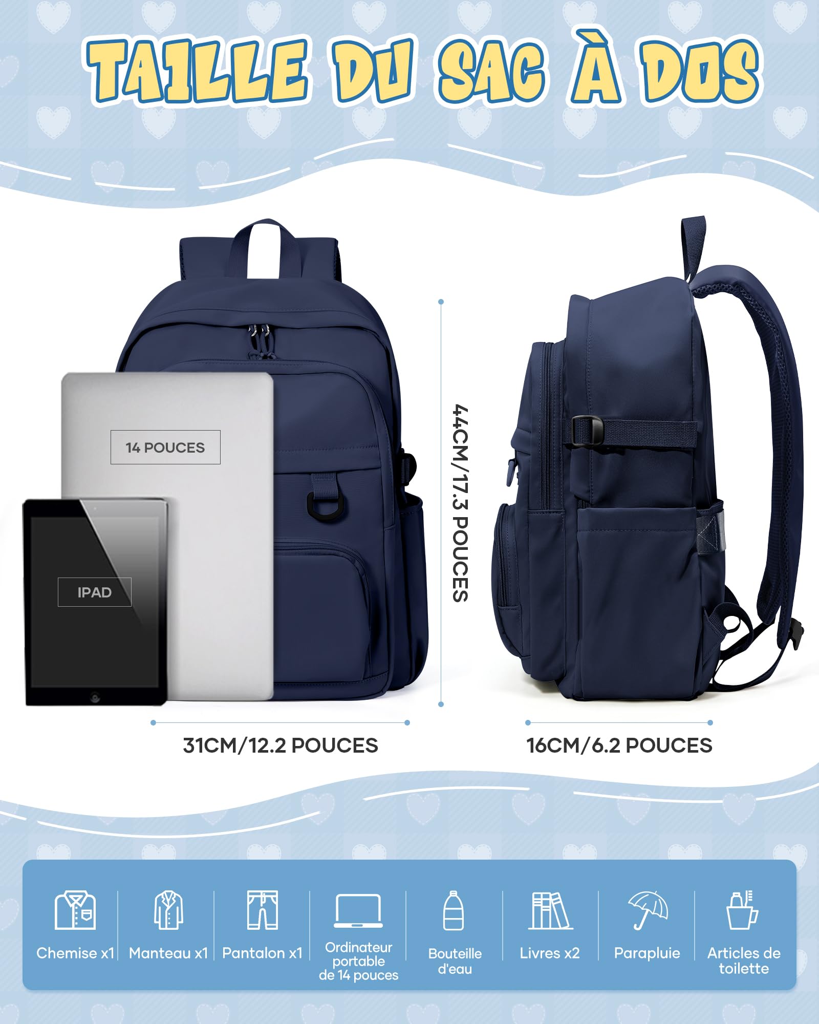 Sac à Dos College Homme Femme, Résistant Cartable Garcon Fille, Sac à Dos Scolaire Adolescents, Sac a dos avec Multi-poches, Loisir Unisexe Zaini Backpack,Bleu Foncé