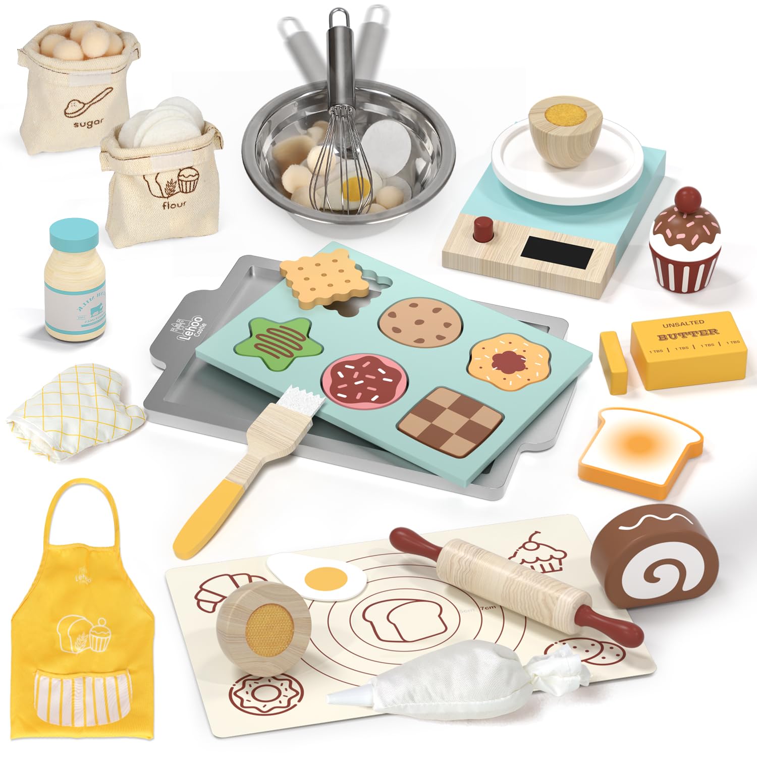 Lehoo Castle Play Food Set for Kids Kitchen, Play Kitchen Accessories Wooden, Kids Baking Set for Boys, Toys Cupcakes and Cookie Maker, Preschool
