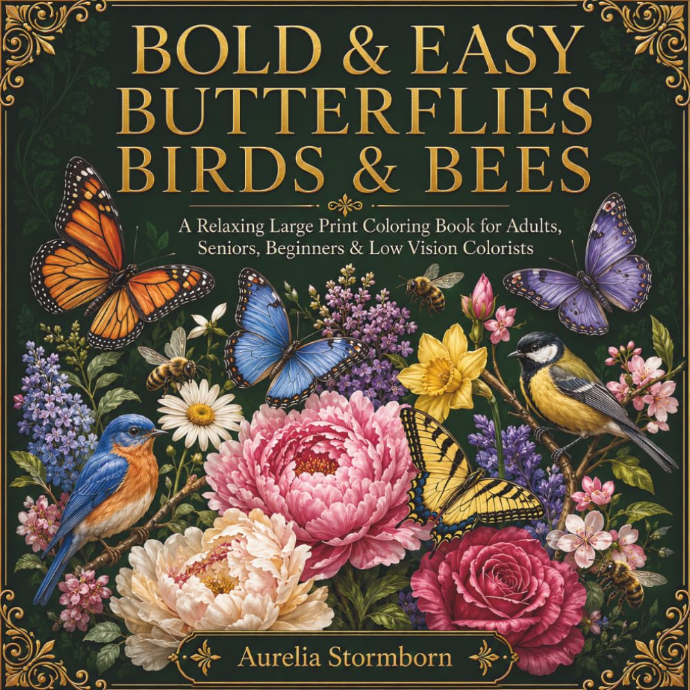Bold & Easy Birds, Butterflies and Bees: A Relaxing Large Print Coloring Book for Adults, Seniors, Beginners & Low Vision Colorists Featuring Flowers & Easy Garden Nature Scenes (Bold & Easy Nature)