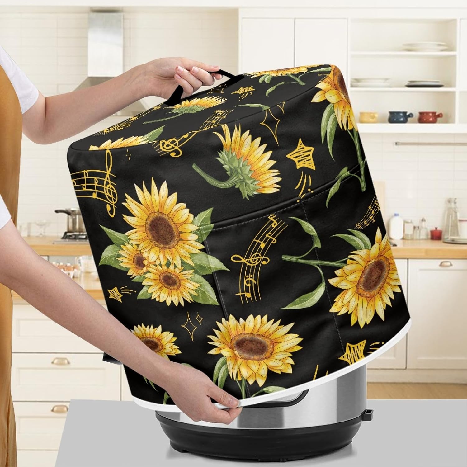 Xoenoiee Round Electric Pressure Cooker Cover Sunflower Music Note Star Black Print Kitchen Appliance Cover with Top Handle Dust Cover for Slow Cooker Air Fryer Rice Cooker, 8 qt