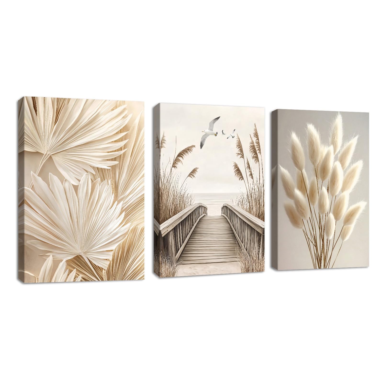 3 Pcs Beige Scenery Canvas Wall Art, Sunset Sea View Wall Painting Aesthetic Plants Pampas Cattail Pictures Painting on Canvas Prints for Living Room Bedroom Wall Decoration Ready to Hang 30x40cmx3 — image 1