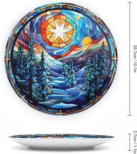 Miniatura 9 de Winter Village - Platos decorativos de noche de luna para decoración del hogar, platos de cerámica con diseño de vitrales para sala de estar,