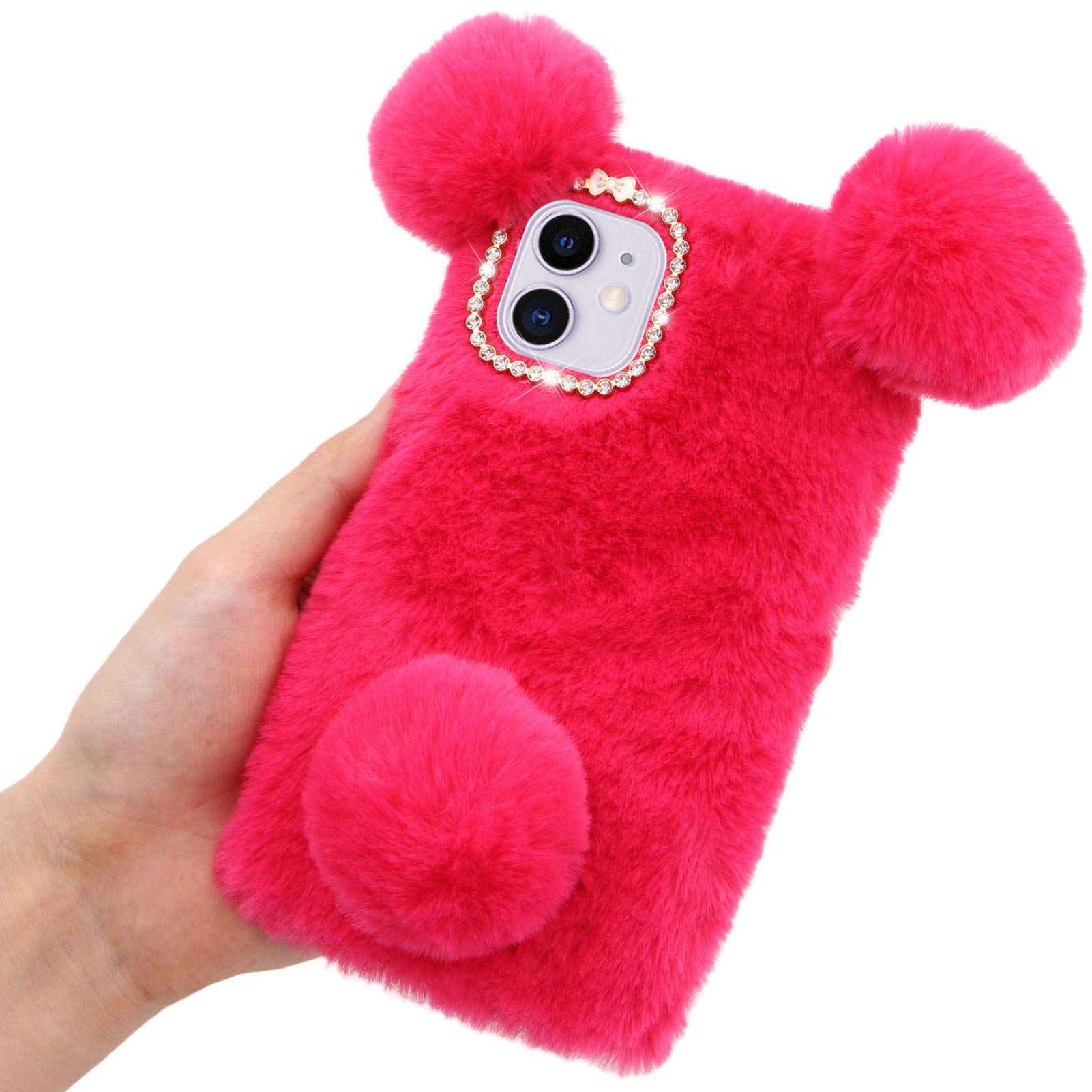 LCHDA Panda Case for Samsung Galaxy A15 5G, Cute 3D Furry Hairball Ears Fuzzy Soft Faux Fur Winter Warm Fluffy Plush Flexible TPU Bumper Shockproof Protective Cover with Bling Diamond - Rose Red