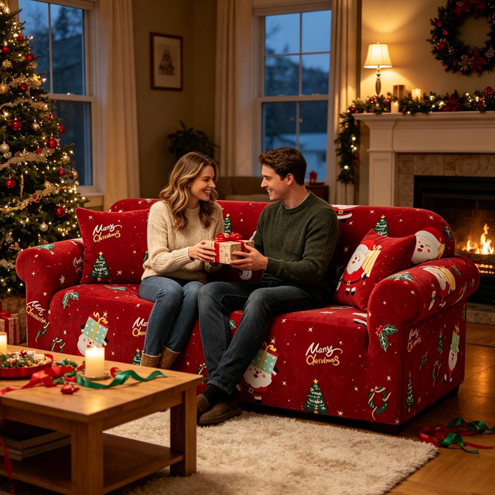 Santa Couch Cover, Christmas Elastic Slipcover With Non Slip Fit, Holiday
