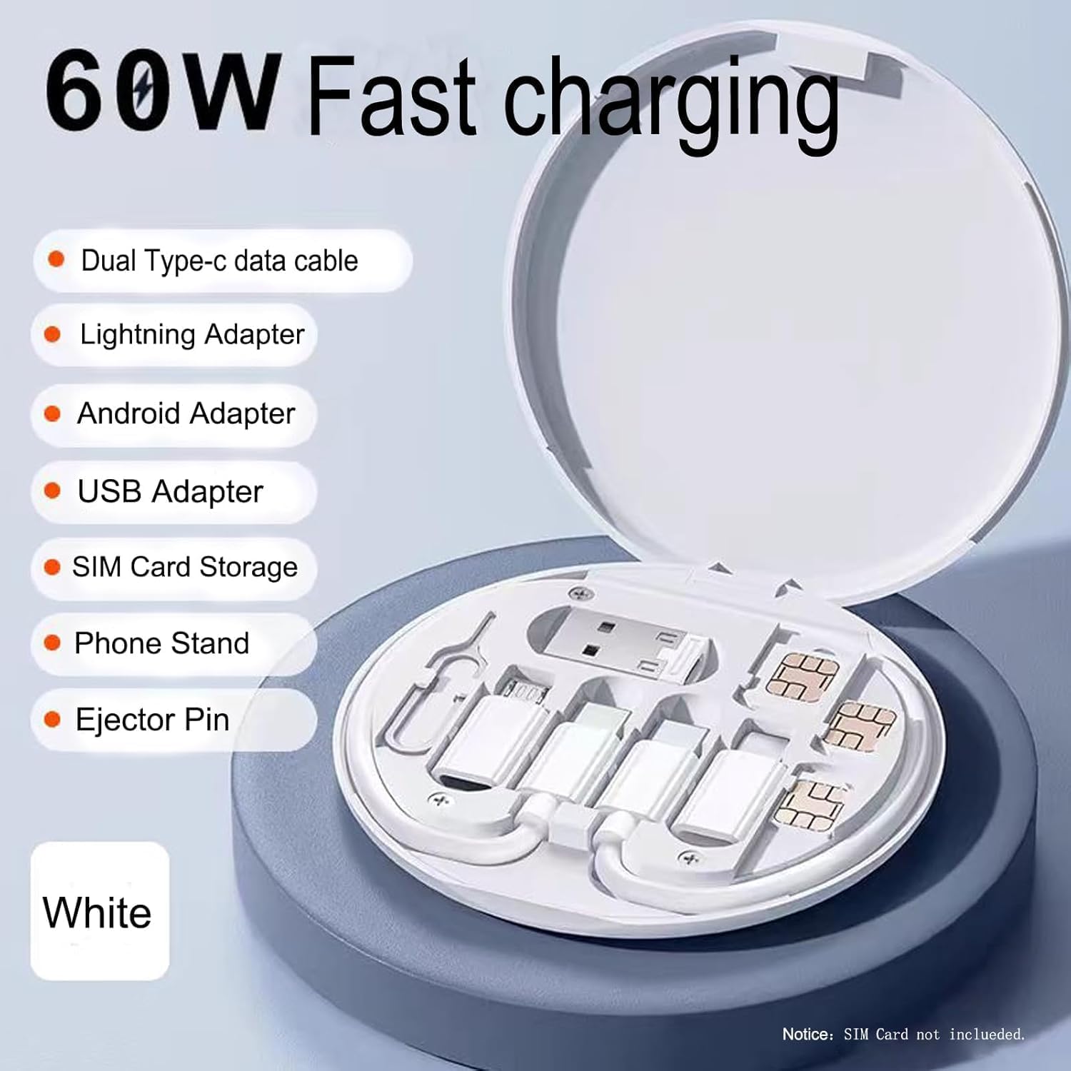 MERAXES Multi USB Charging Adapter Kit, USB-C to iOS/Micro, Data Transfer, Card Storage, SIM Pin, Phone Holder, Type-C Converter Set A, Compact Portable Travel Cable Box White