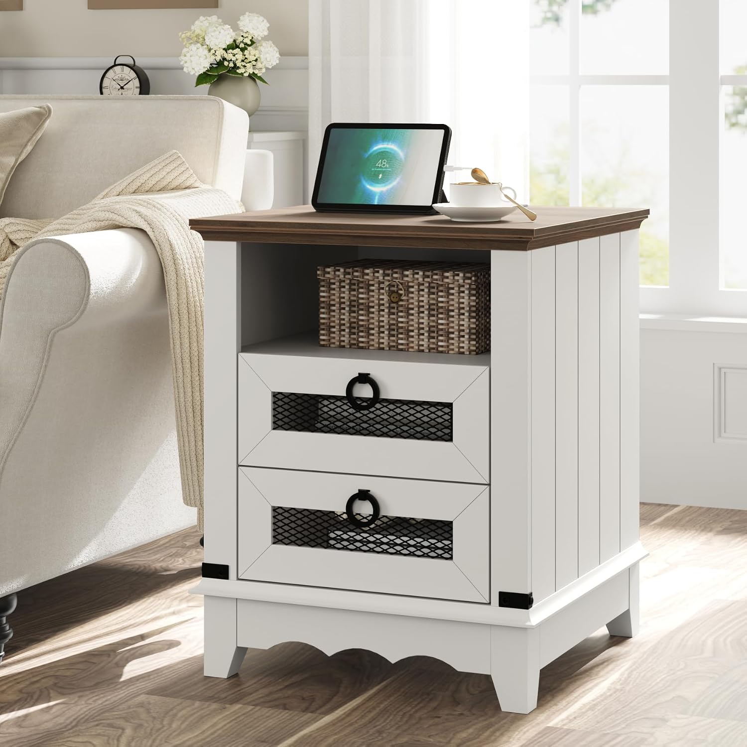 IDEALHOUSE End Table Farmhouse Side Table 24" inch Nightstand Industrial End Table with Charging Station Night Stand 2 Drawers Bed Side Table Open Cubby Wood Sofa Side Table for Living Room Bedroom