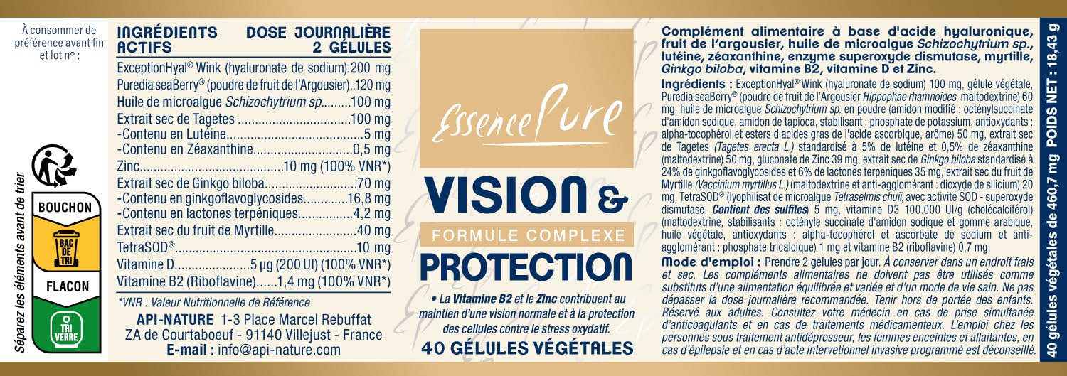 ExceptionHyal® Acide hyaluronique + Puredia seaBerry® Argousier | Lutéine, Zéaxanthine, Myrtille, Ginkgo, Vitamines B2 & D, Zinc | Vision & Protection | 40 gélules | Essence Pure