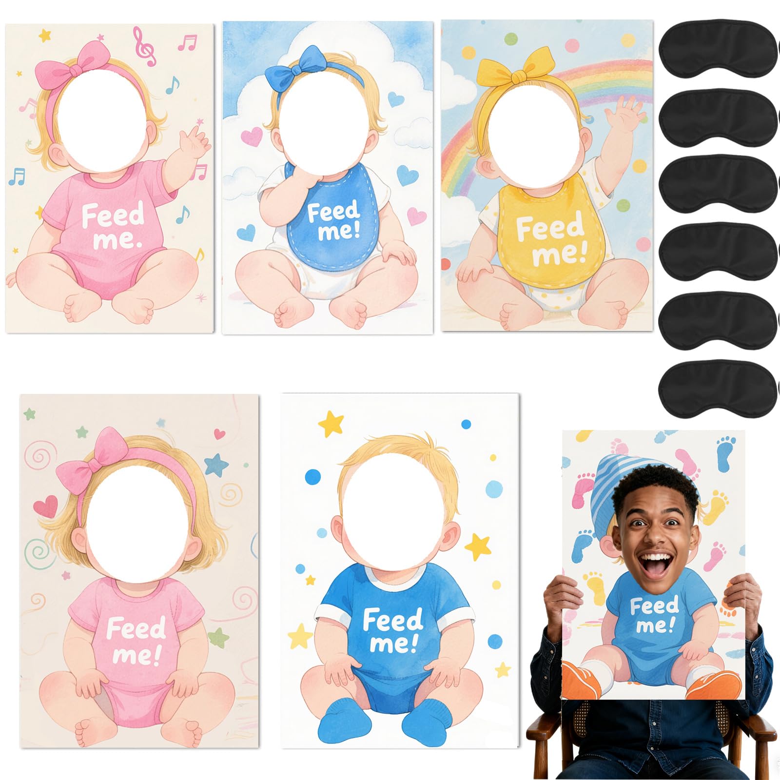 Photo 1 of 6 Set Blindfolded Baby Shower Games Feed Me Baby Shower Games Feed The Baby Blindfolded Games Blindfolded Baby Food Feeding Games Gender Reveal Games for Baby Shower Party Supplies
