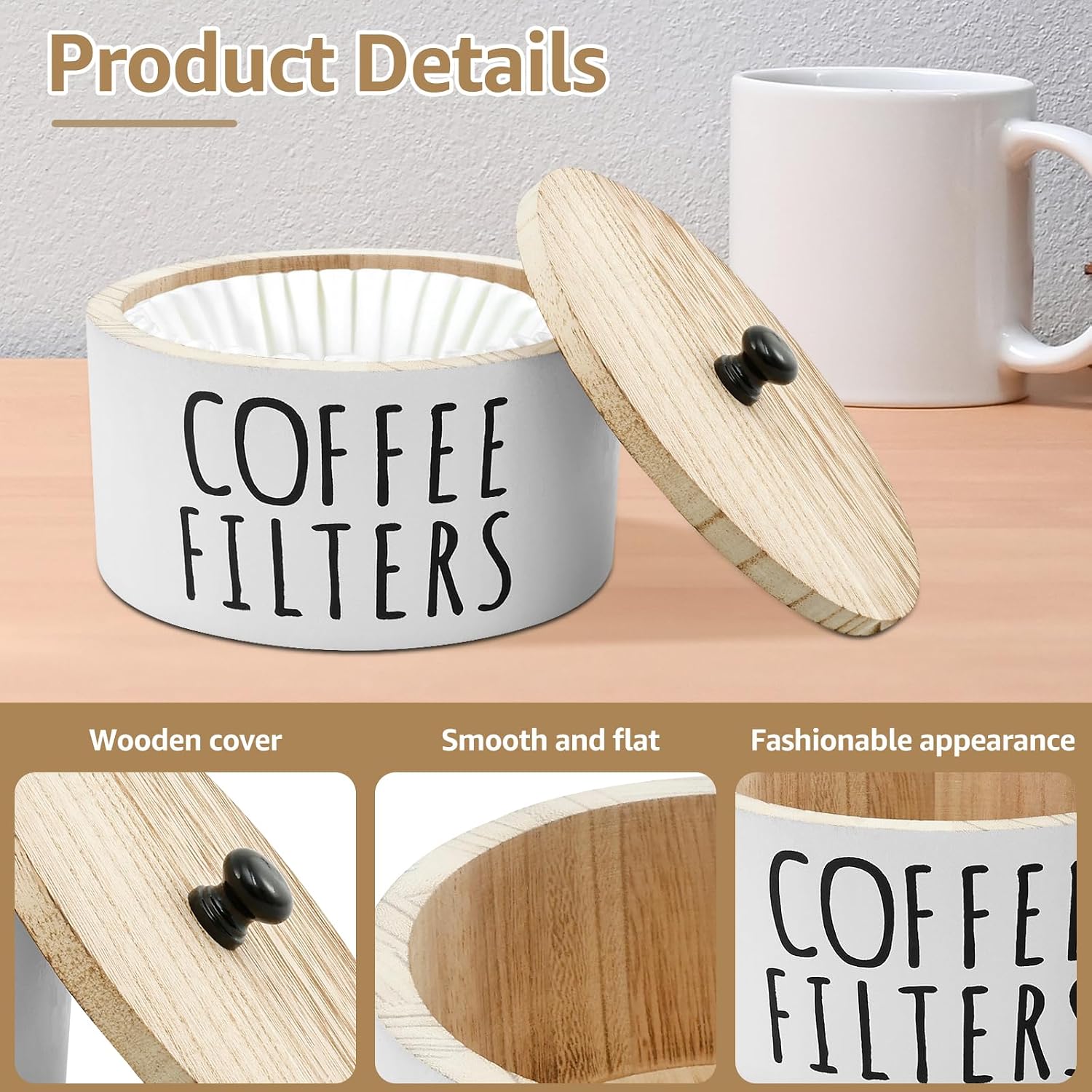 Coffee Filter Holder with Bamboo Lid, Large Capacity Wood Coffee Filter Storage Case for Counter, Rustic Farmhouse Coffee Bar Accessories, Round Container for Basket and Cone Filters (White)