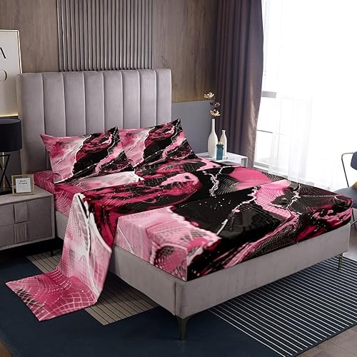 Miniatura 8 de Juego de sábanas de mármol colorido para niñas, niños y mujeres, color morado, azul, rosa, remolino, mármol, sábana bajera ajustable psicodélico,