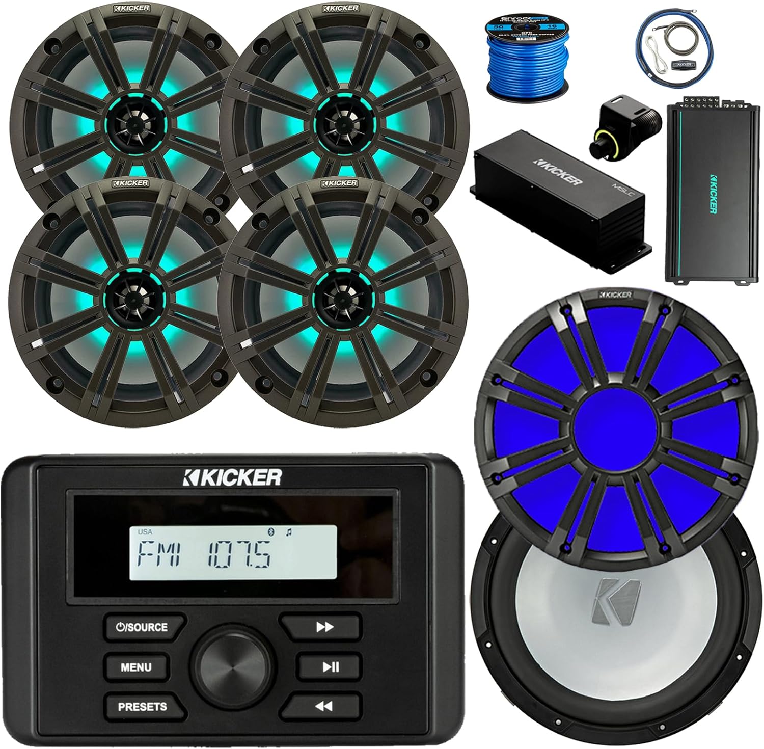 Kicker 46KMC3 Marine Gauge Style Bluetooth Receiver, 8" 300W Multicolor LED Speakers, Charcoal Grilles (Qty 4), Amp w/Kit, 10" Subwoofer, 10" Multicolor LED Grille (Charcoal), Wired Controller w/Wire