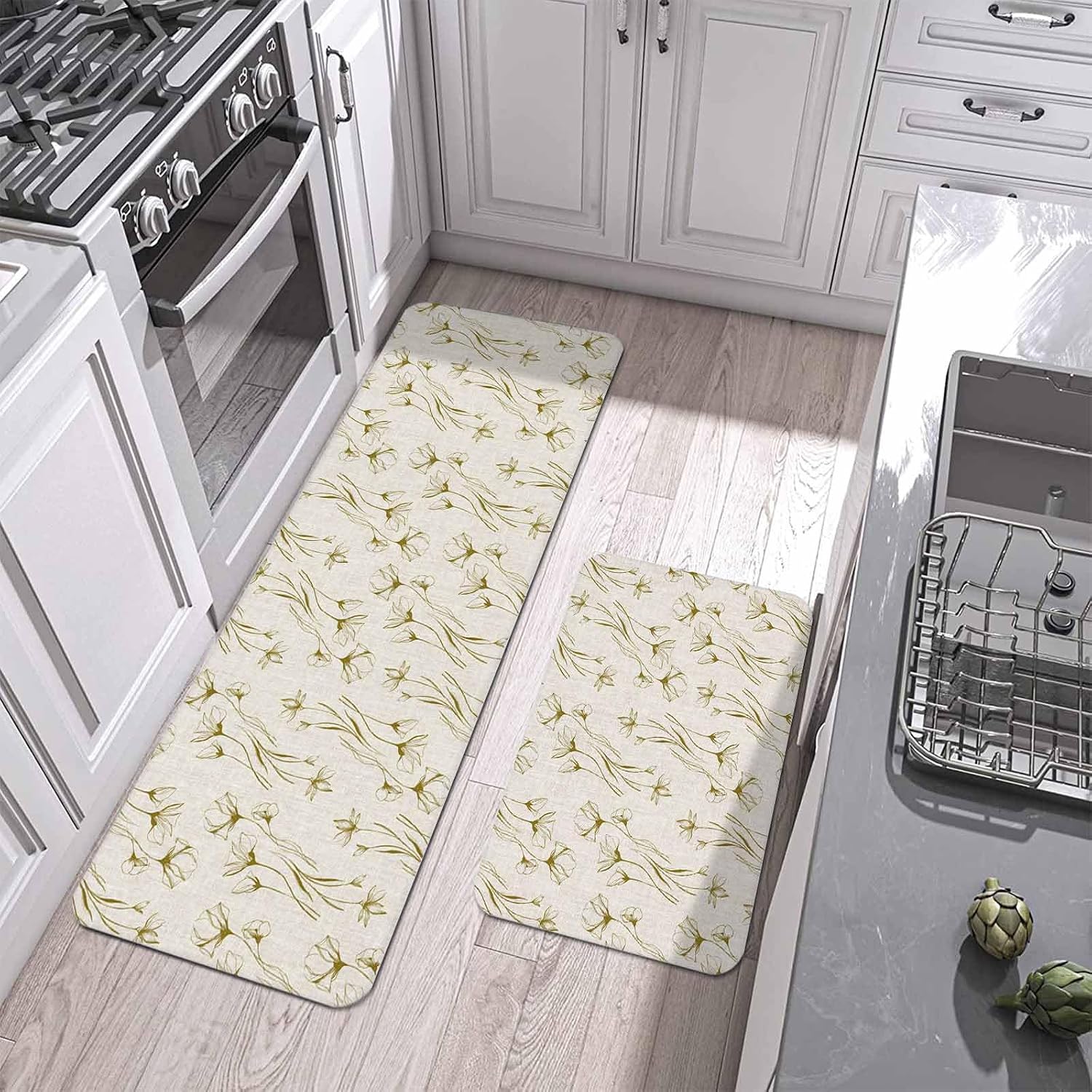 Prime Leader Vintage Flower Kitchen Mat Set 2 Pieces Country Beige Flowers Retro Linen Texture Non Slip Kitchen Rugs Washable Runner Rug Mats for Floor Sink Laundry Office 15.7" x 23.6"+15.7" x 47.2"