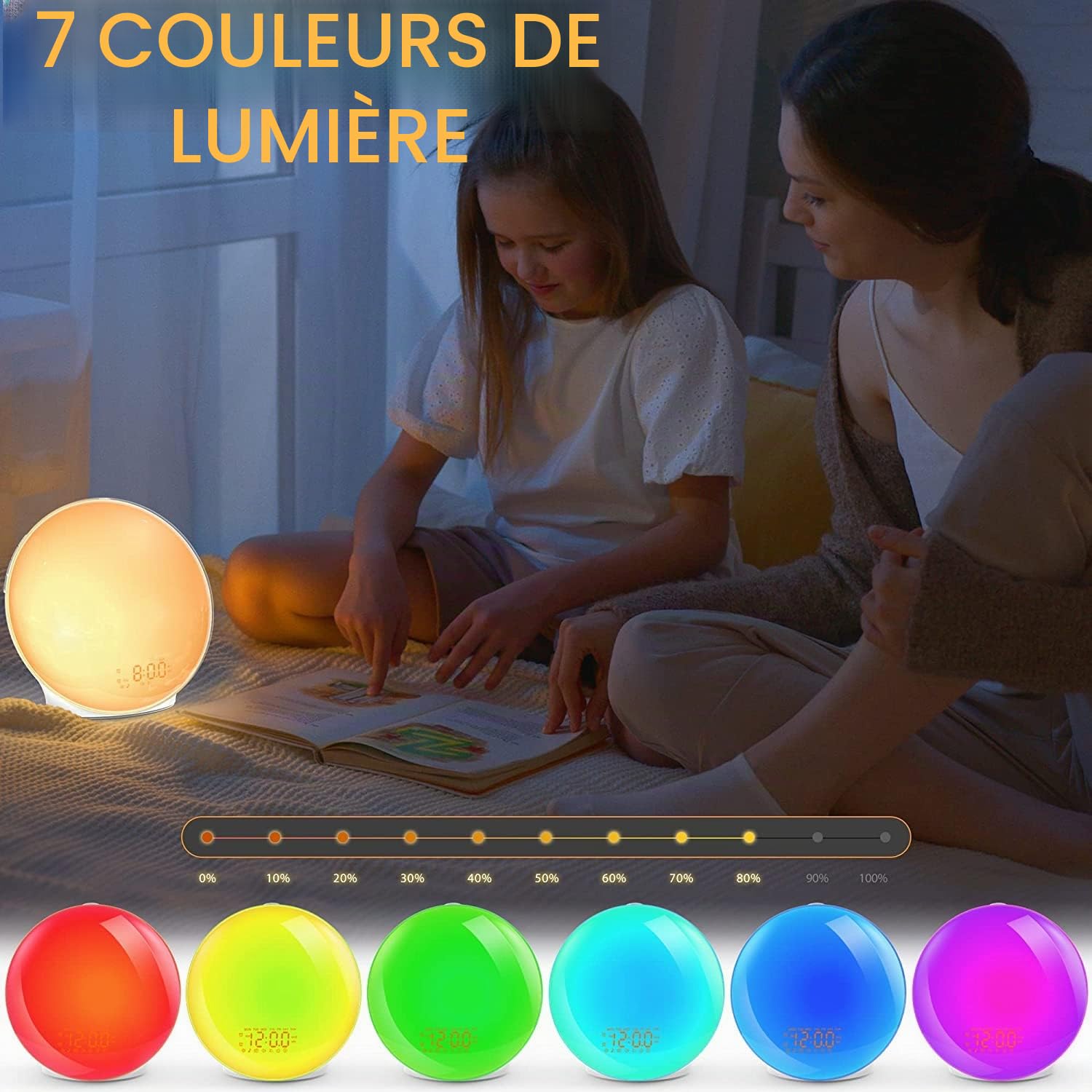 Réveil lumineux pour gros dormeurs, chambre à coucher, radio-réveil plein écran avec simulation de lever de soleil, 3 modes d'éclairage, répétition, double alarme, 8 sons naturels
