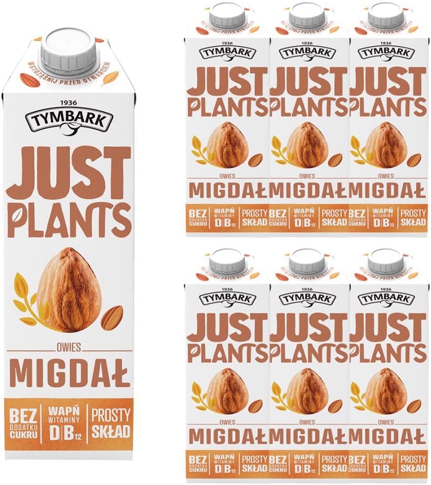 Tymbark Just Plants Owies Migdał, Napój Roślinny, Bez Dodatku Cukru, Z Wapniem i Witaminami D i B12, 6 x 1L, Z Owsa i Migdałów