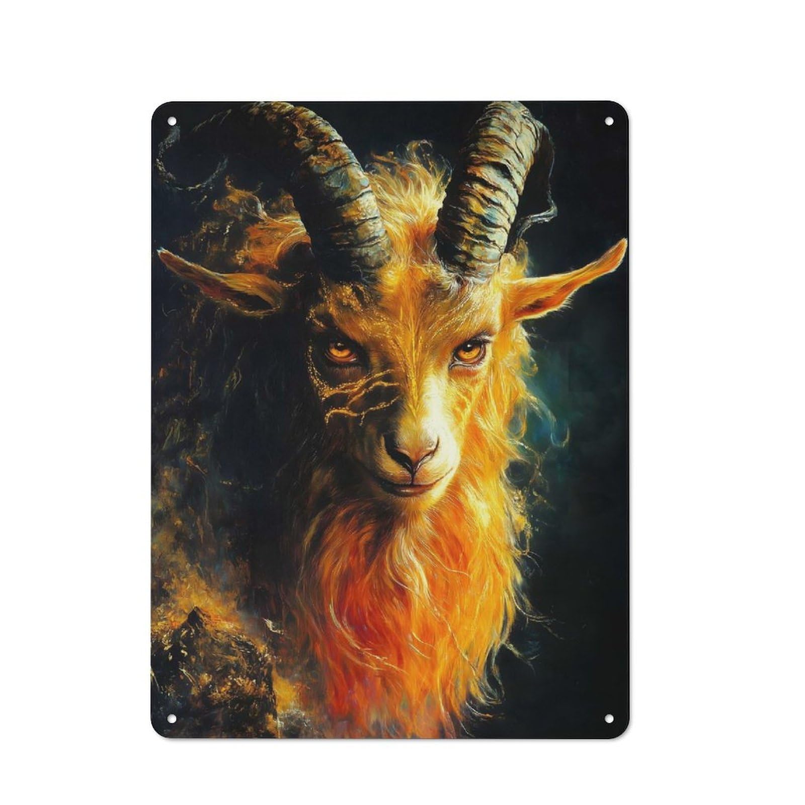 Distressed Look Fiery Goat Creature Animal Decorative Tin Sign 40x30cm, Retro Room Decor for Lounge, Study, Pub Or Wall Gallery