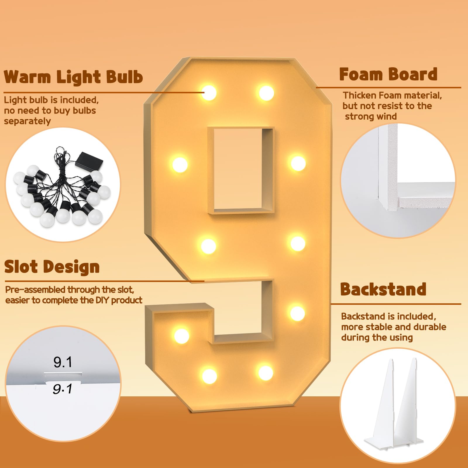 imprsv 4FT Marquee Numbers, Marquee Light Up Numbers for 90th Birthday Decorations, Marquee light up letters Anniversary Party Decor, Mosaic Numbers for Balloons Number 9, Pre-Cut Foam Board Kit