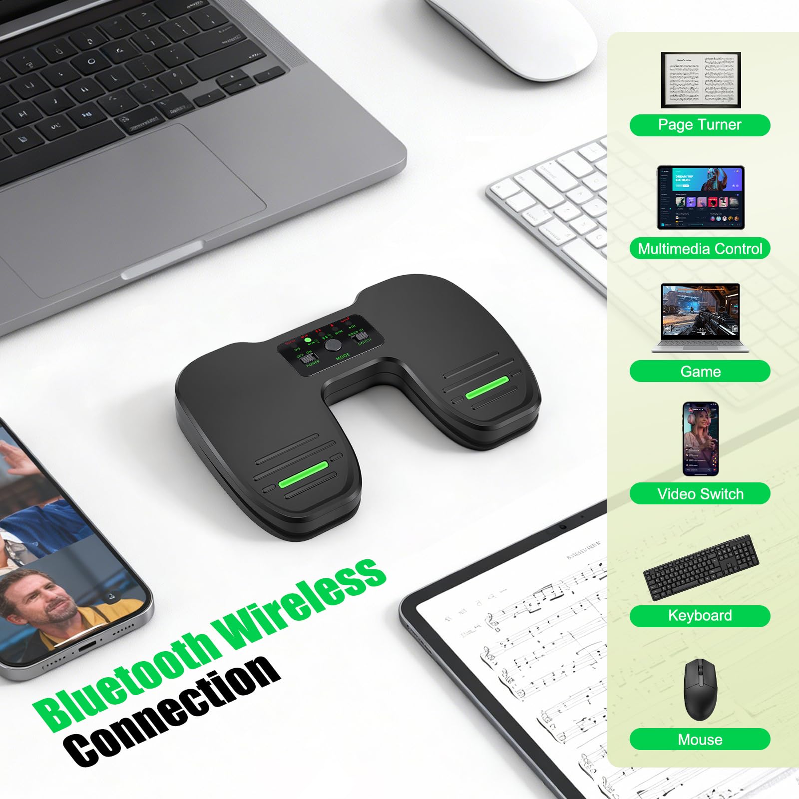 Bluetooth Page Turner Pedal, Girador de Página Inalámbrico, Teléfonos Inteligentes y Tabletas Recargable Pedales Musicales, Interruptor de Pie Recargable Compatible con Tabletas, Android e iOS