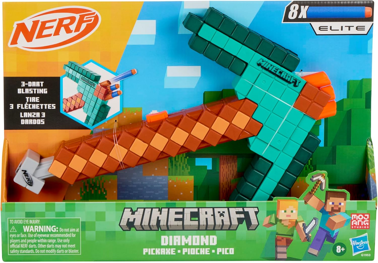 Nerf Minecraft Diamond Pickaxe Dart Blaster, Pull Back Priming, Foam Head, 8 Nerf Elite Darts, Ages 8+