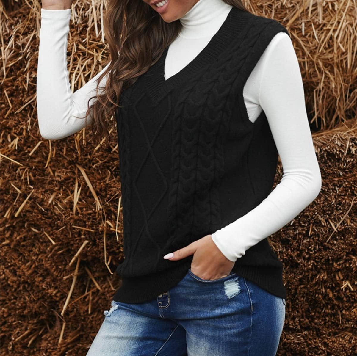 Hyipels Women's Sweater Vest,Long Cable Loose Knitted Sleeveless V Neck Casual Sweaters Tank Top S~XL - Image 4