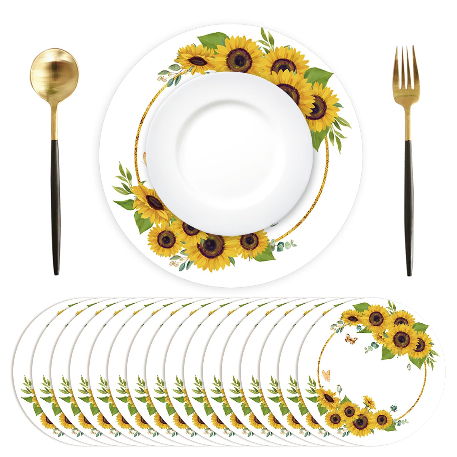 Sets de table ronds jetables papier jaune tournesol 34 cm pour table de dîner