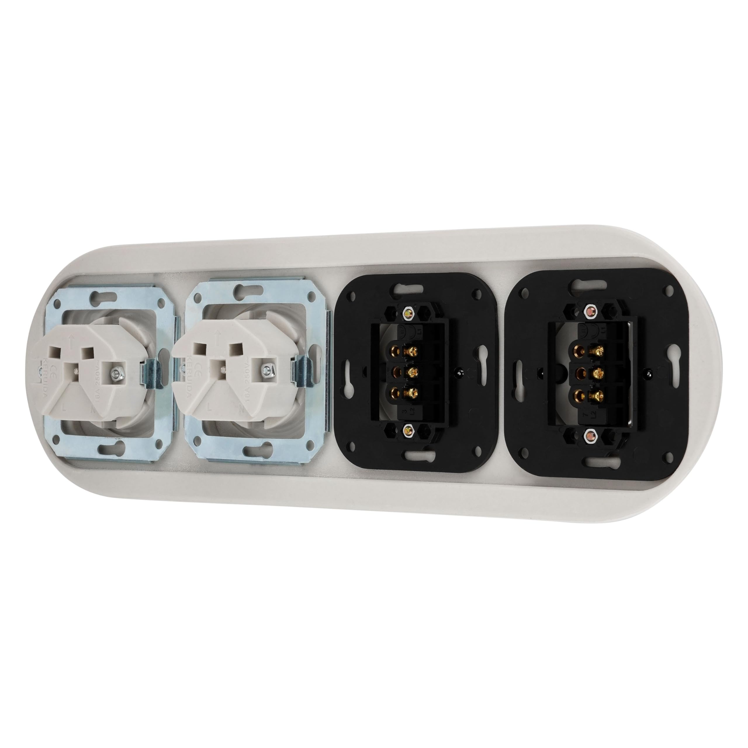 Unterputz Porzellan Retro Steckdose, Schalter, 4-fach, All-in-One, SET Serie PR1 weiß