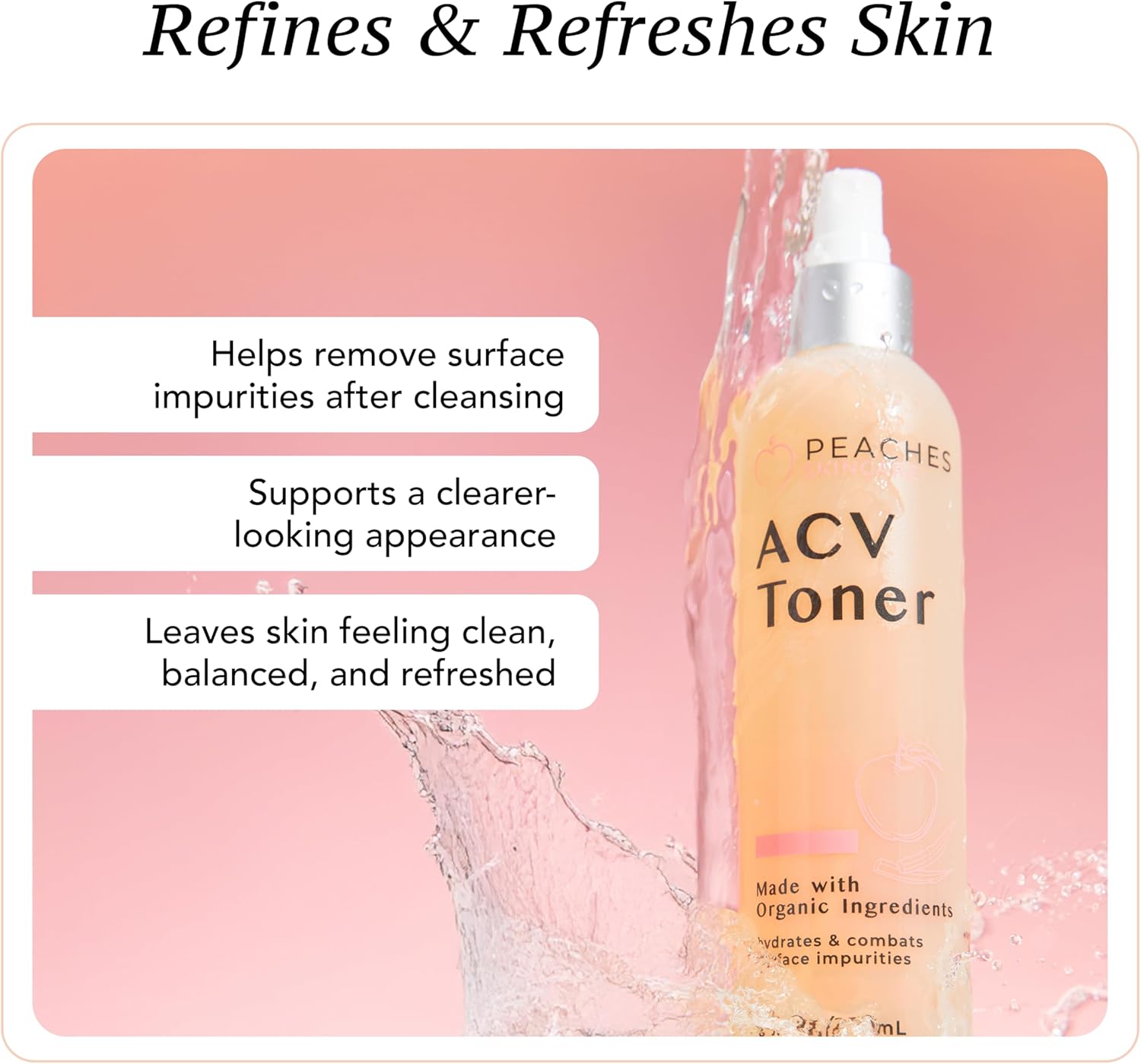 Peaches Skin Care Apple Cider Vinegar Face Toner - Vegan Facial Toner with Citrus Extracts – Gently Exfoliation for Healthy Skin – 8 oz