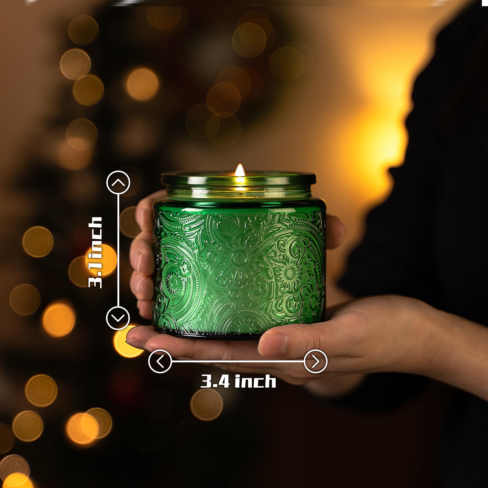 10 oz Embossed Glass Candle Container with Bamboo Lids and Labels, Green Candle Jars for Making Candles, Sun Moon Stars Design - Pack of 9 (Green)