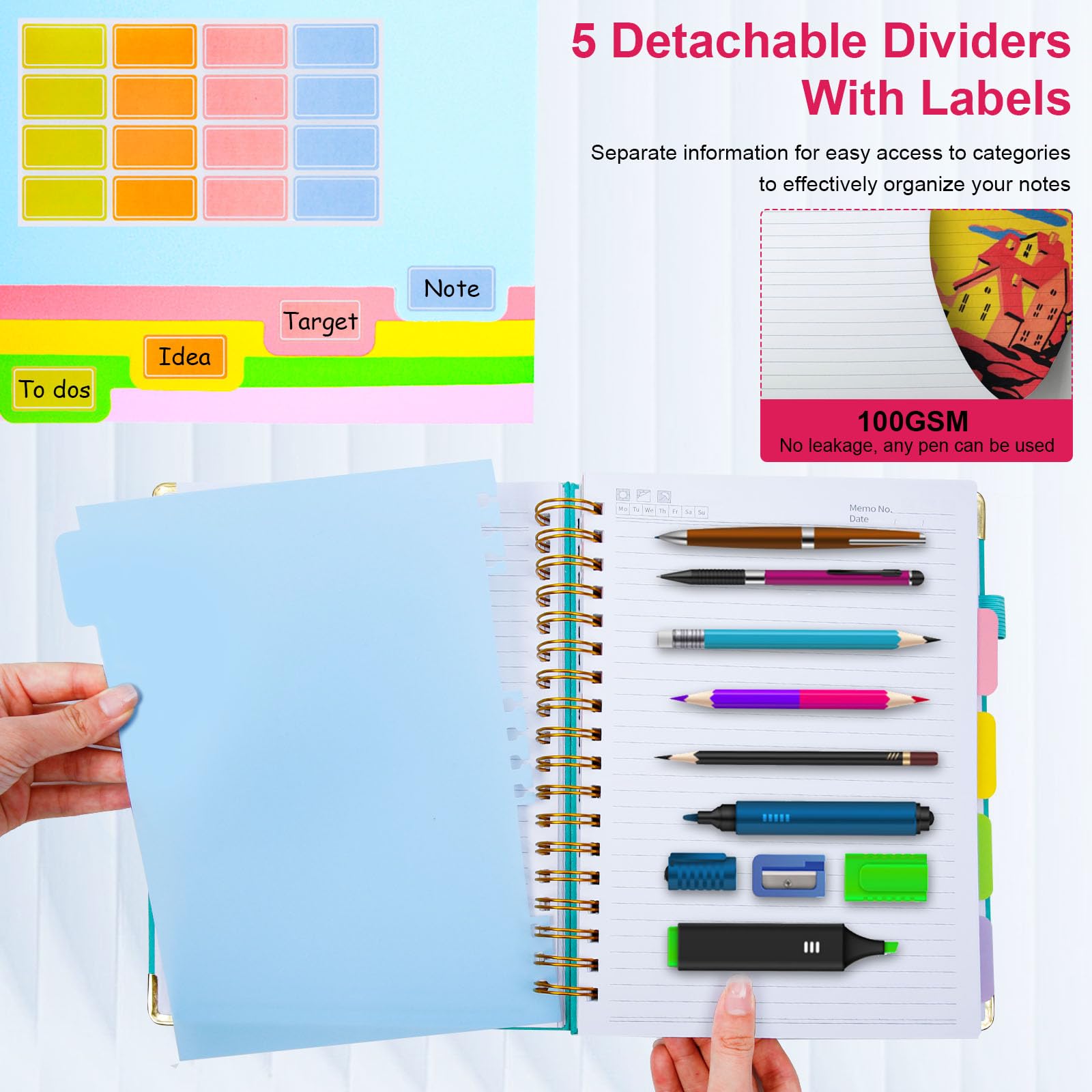 Cuaderno en espiral de tapa dura de 6.2 x 8.2 pulgadas, con pestañas y separadores extraíbles, 300 páginas, cuaderno de 5 asignaturas, cuaderno de rayas universitarias, cuaderno de piel sintética con