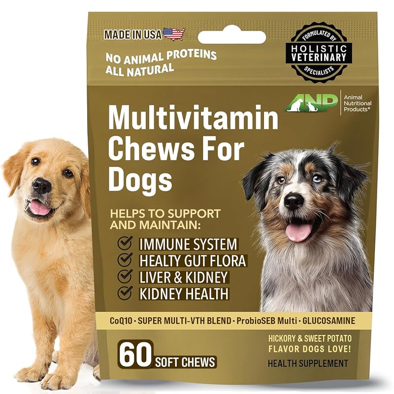 Suplemento multivitamínico para cães ANIMAL NUTRITIONAL PRODUCTS sem proteínas animais, com CoQ10, probióticos e glucosamina, 60 mastigáveis macios