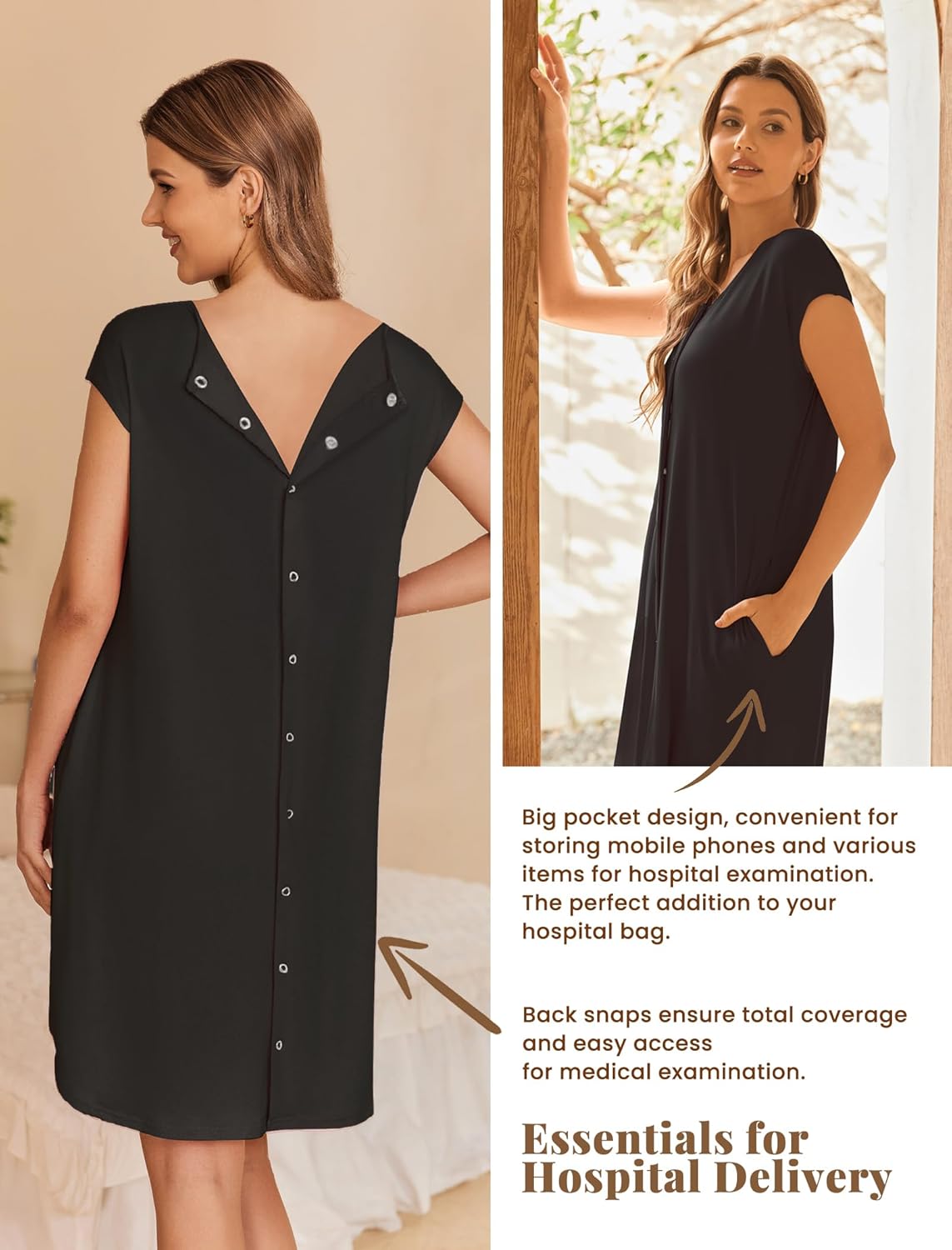 Ekouaer Labor/Delivery/Hospital Gown Nursing Nightgown Maternity Sleepwear With Pockets Postpartum Gowns with Button S-XXL - Image 4