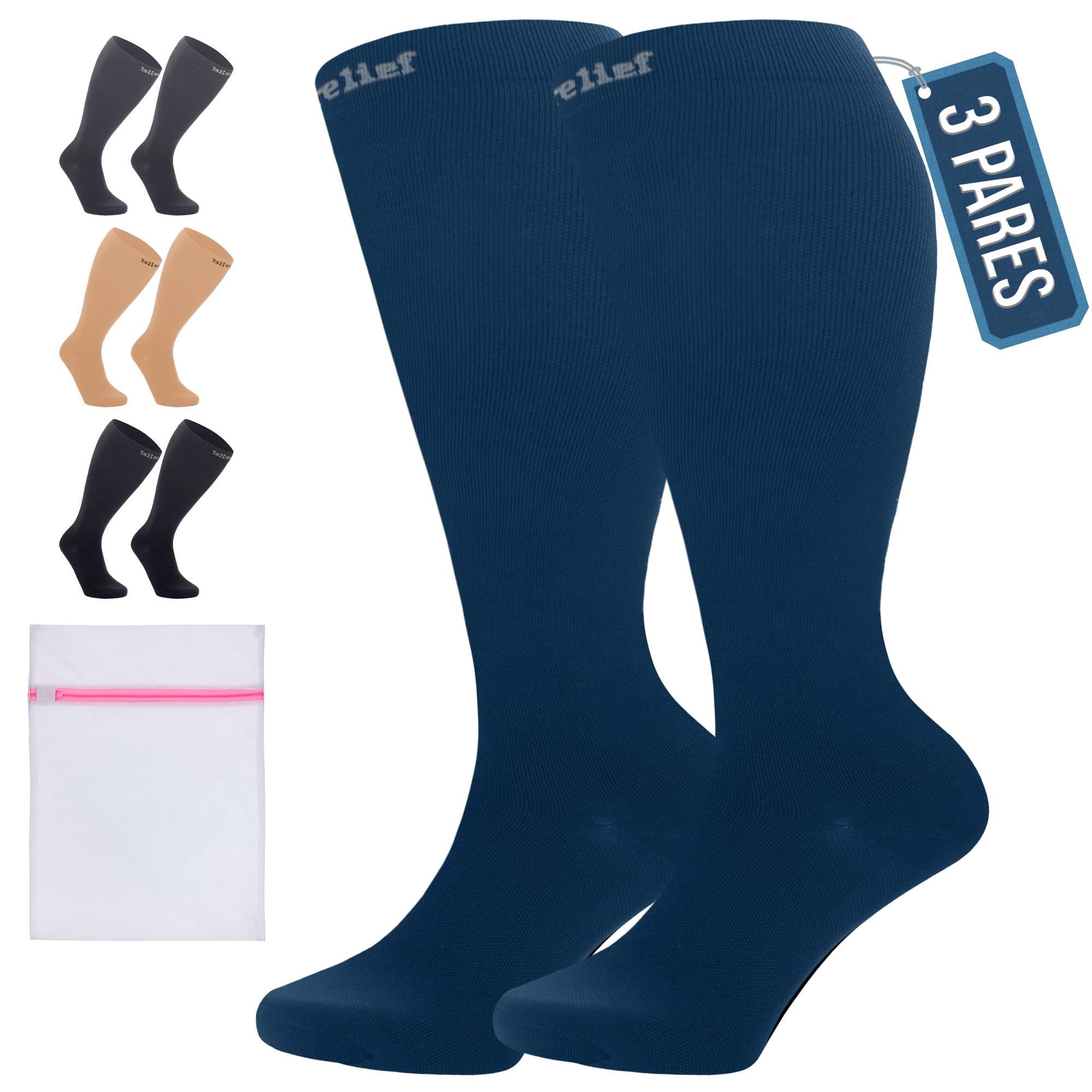 360 Relief Medias de Compresión Mujer y Hombre - 1 Par Calcetines de Compresión para Deportes, Correr, Volar, Viaje, Trabajo, Footing - S/M Beis con Bolsa de Malla — view 87