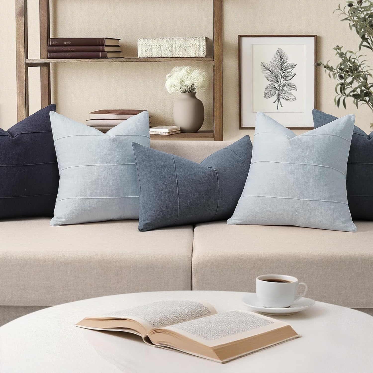 ZWJD Decorative Linen Throw Pillow Covers 18x18 Set of 2 Solid Handcrafted Striped Cushion Covers for Bed Soft Modern Farmhouse Neutral Pillowcase for Couch Bedroom Living Room Home Decor(Sky Blue)